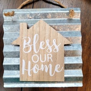 Metal and wood Bless our Home hanging sign